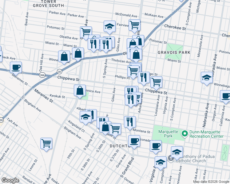 map of restaurants, bars, coffee shops, grocery stores, and more near 3659 Dunnica Avenue in St. Louis