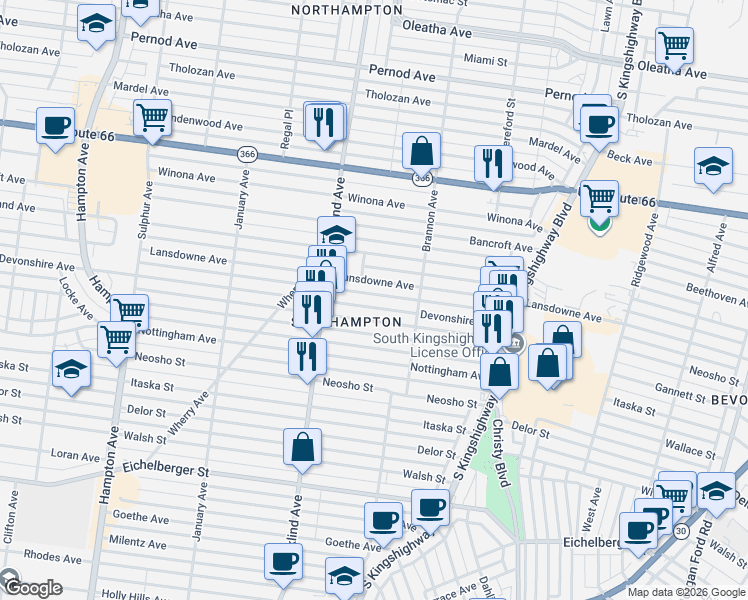 map of restaurants, bars, coffee shops, grocery stores, and more near 5244 Devonshire Avenue in St. Louis