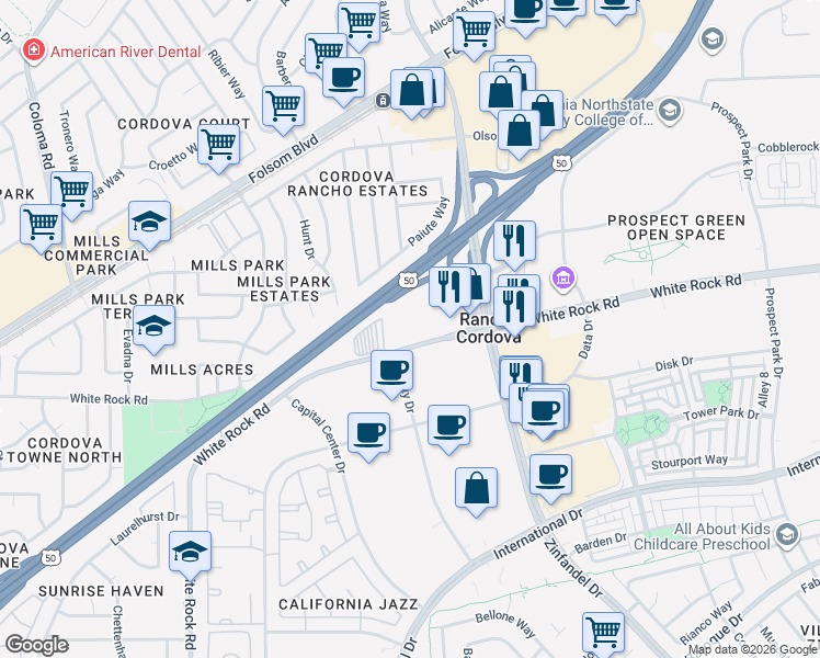 map of restaurants, bars, coffee shops, grocery stores, and more near 10683 White Rock Road in Rancho Cordova