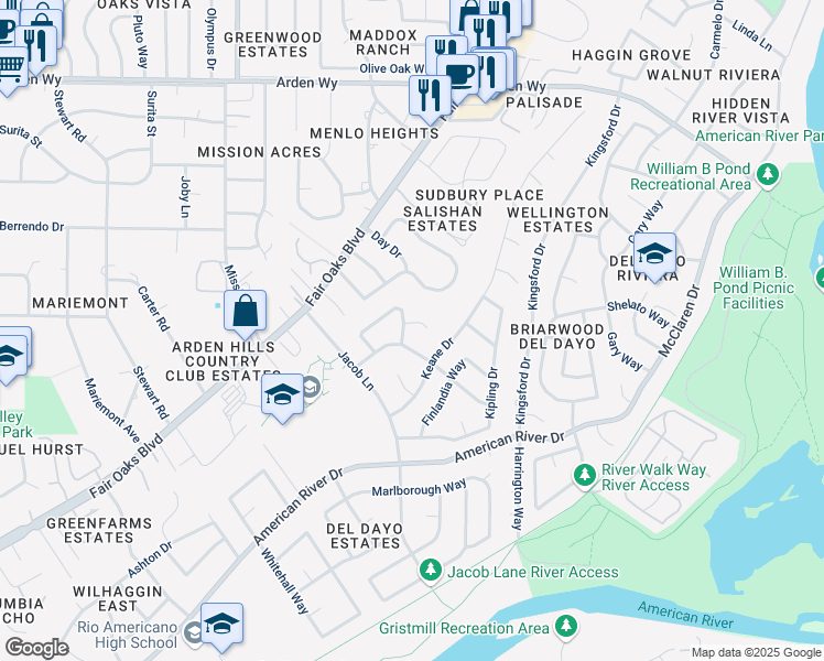map of restaurants, bars, coffee shops, grocery stores, and more near 1256 Macaulay Drive in Carmichael