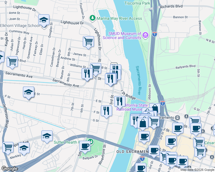 map of restaurants, bars, coffee shops, grocery stores, and more near in West Sacramento