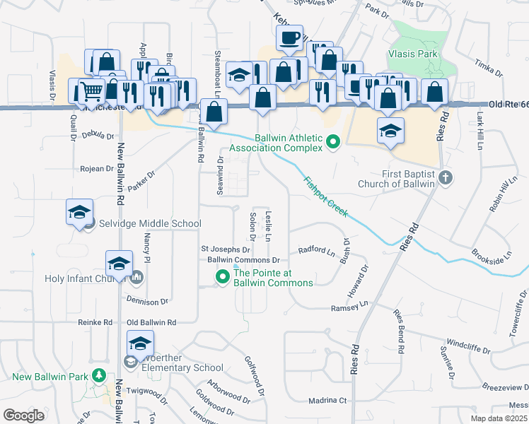 map of restaurants, bars, coffee shops, grocery stores, and more near 221 Leslie Ln in Ballwin