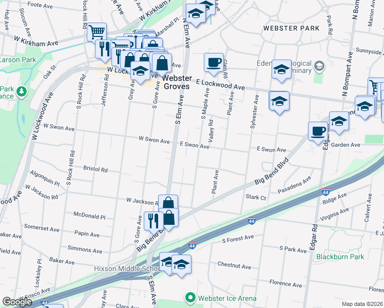map of restaurants, bars, coffee shops, grocery stores, and more near 222 South Maple Avenue in Webster Groves