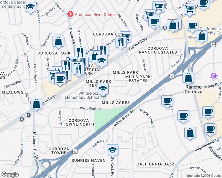 map of restaurants, bars, coffee shops, grocery stores, and more near 10508 Silverwood Way in Rancho Cordova