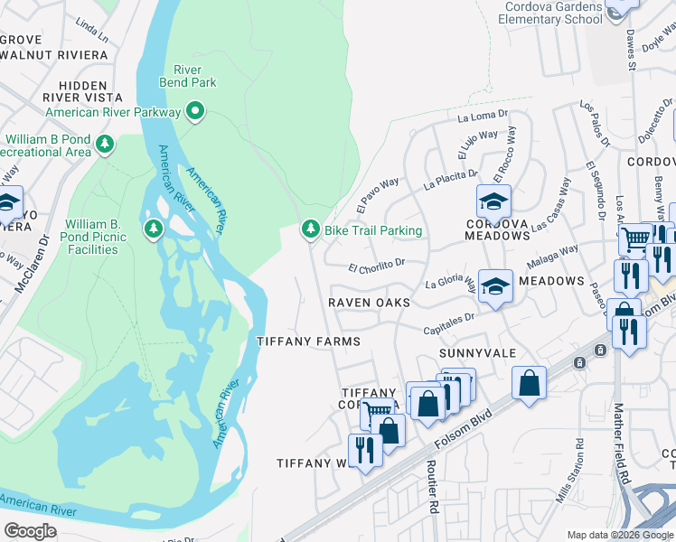 map of restaurants, bars, coffee shops, grocery stores, and more near 10009 River Mist Way in Rancho Cordova