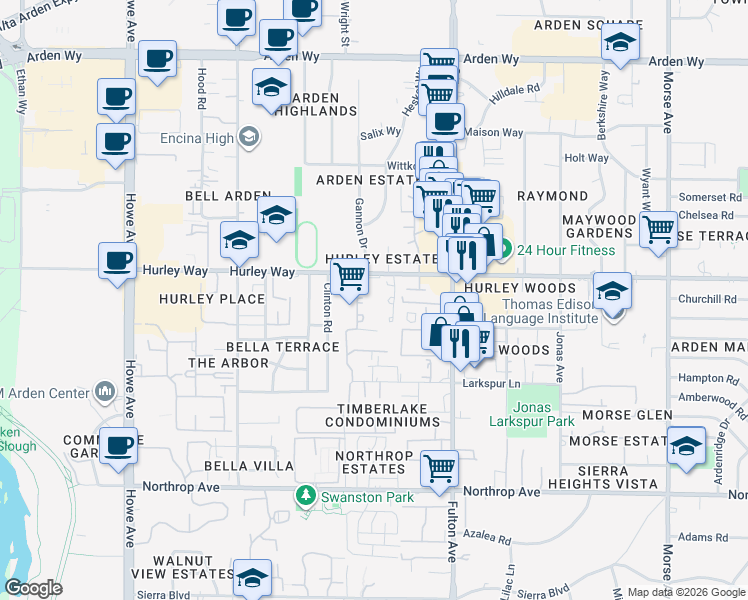 map of restaurants, bars, coffee shops, grocery stores, and more near 2404 Hurley Way in Sacramento