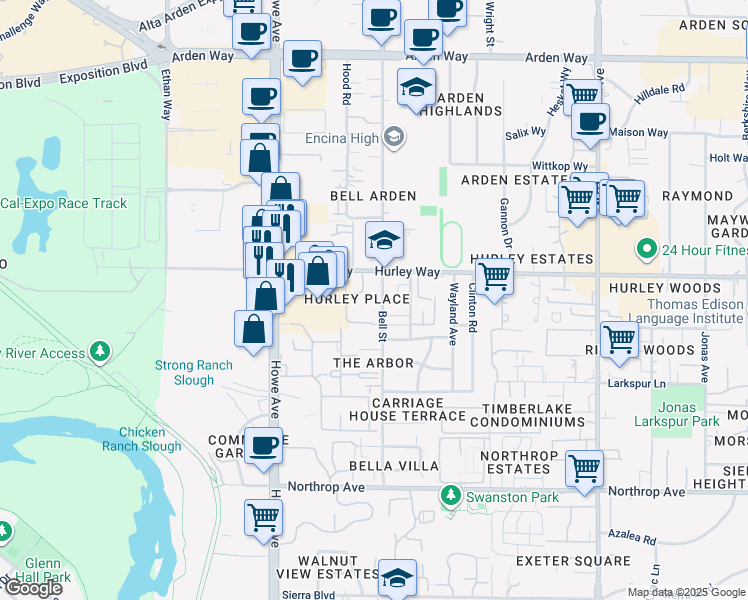 map of restaurants, bars, coffee shops, grocery stores, and more near in Sacramento