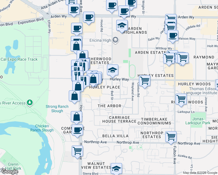 map of restaurants, bars, coffee shops, grocery stores, and more near in Sacramento