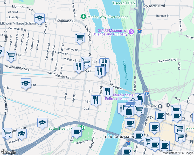 map of restaurants, bars, coffee shops, grocery stores, and more near in West Sacramento