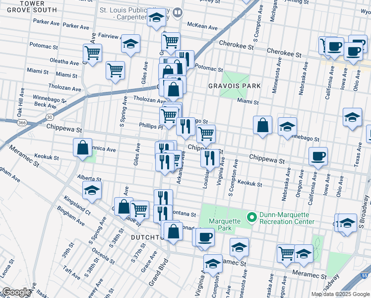 map of restaurants, bars, coffee shops, grocery stores, and more near 3457 Dunnica Avenue in St. Louis
