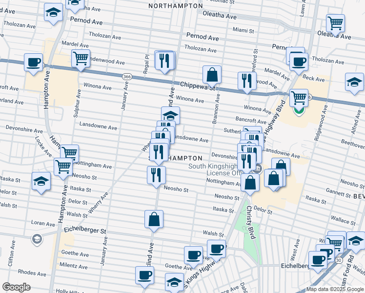 map of restaurants, bars, coffee shops, grocery stores, and more near 5244 Devonshire Avenue in St. Louis