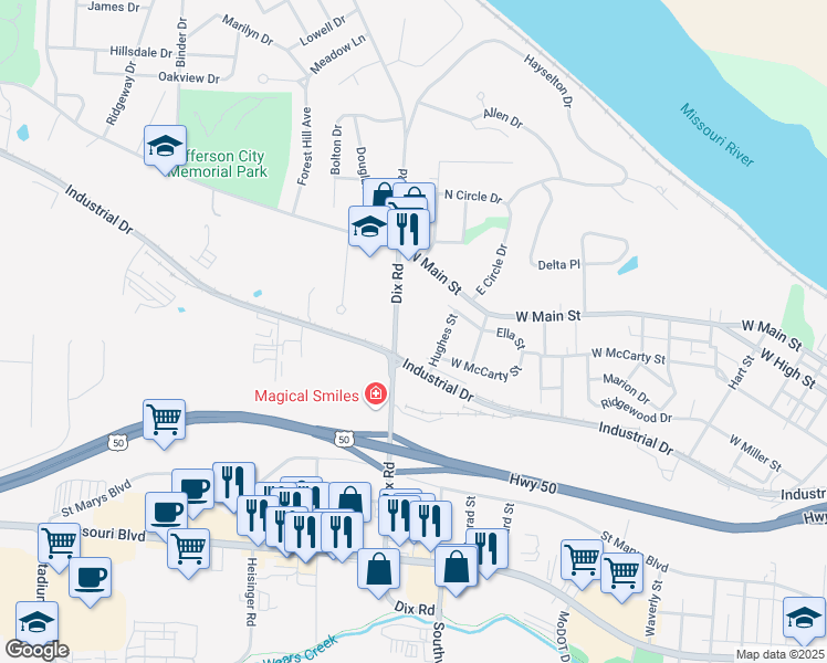 map of restaurants, bars, coffee shops, grocery stores, and more near 219 Dix Road in Jefferson City