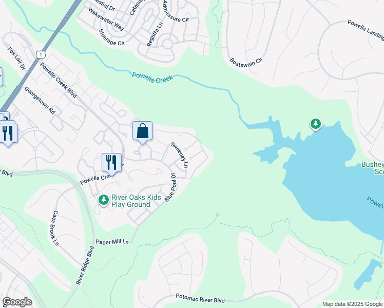 map of restaurants, bars, coffee shops, grocery stores, and more near 16514 Bobster Court in Woodbridge