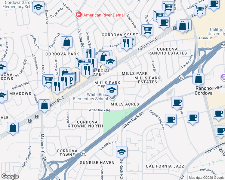 map of restaurants, bars, coffee shops, grocery stores, and more near 10470 Spaulding Way in Rancho Cordova