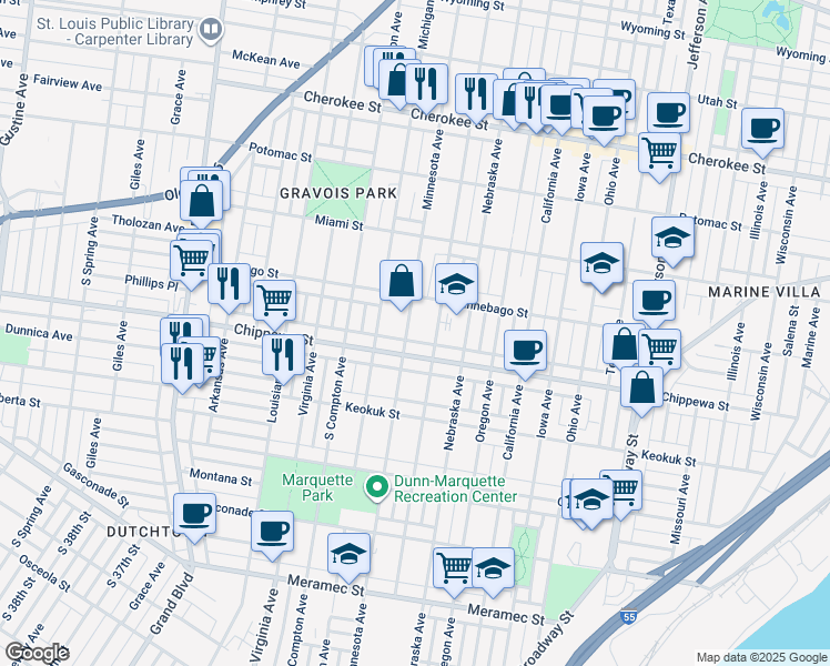 map of restaurants, bars, coffee shops, grocery stores, and more near 3736 Minnesota Avenue in St. Louis