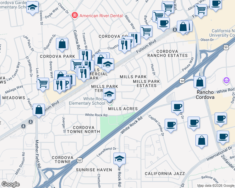 map of restaurants, bars, coffee shops, grocery stores, and more near 10508 Silverwood Way in Rancho Cordova