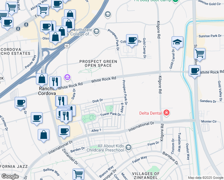 map of restaurants, bars, coffee shops, grocery stores, and more near 10954 Disk Drive in Rancho Cordova