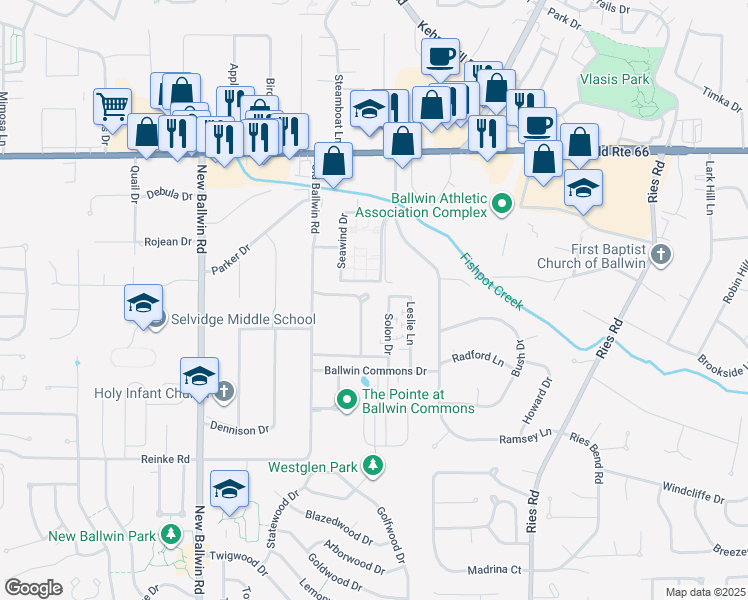 map of restaurants, bars, coffee shops, grocery stores, and more near 220 Saint Marys Drive in Ballwin