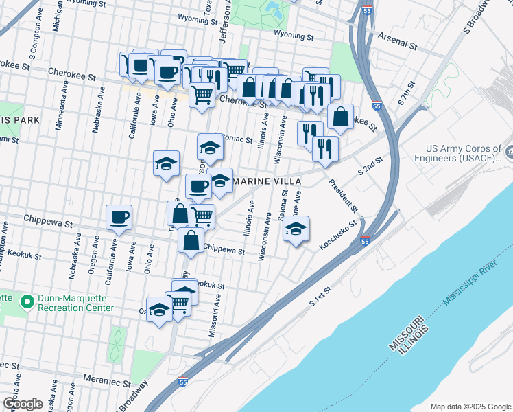 map of restaurants, bars, coffee shops, grocery stores, and more near 3657 Wisconsin Avenue in St. Louis