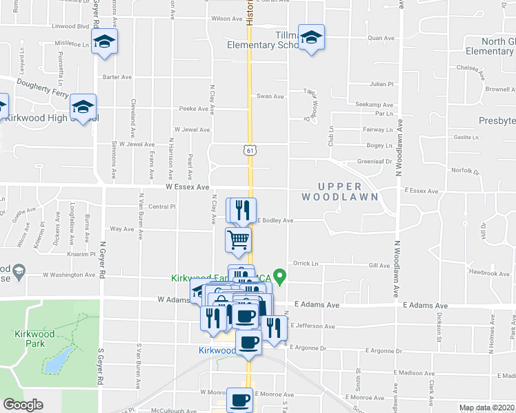 map of restaurants, bars, coffee shops, grocery stores, and more near 516 Historic U.S. 66 in Kirkwood