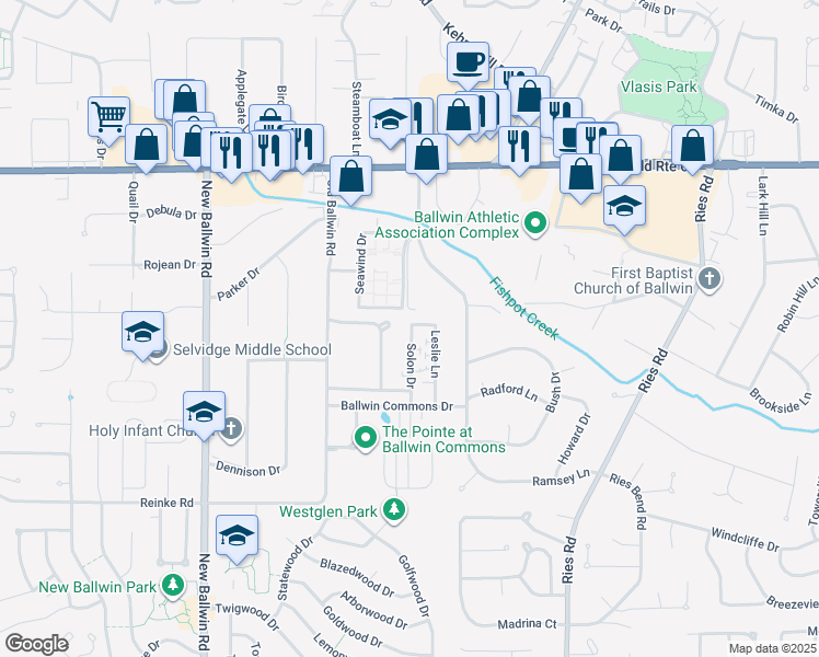 map of restaurants, bars, coffee shops, grocery stores, and more near 225 Solon Drive in Ballwin