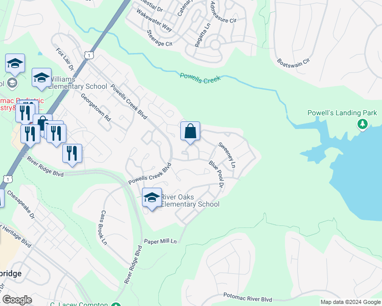 map of restaurants, bars, coffee shops, grocery stores, and more near 16780 Brandy Moor Loop in Woodbridge
