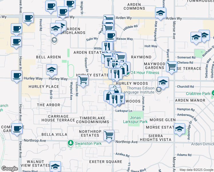 map of restaurants, bars, coffee shops, grocery stores, and more near 1251 Fulton Avenue in Sacramento