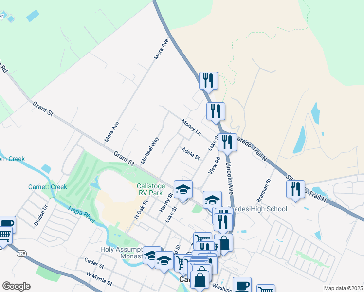 map of restaurants, bars, coffee shops, grocery stores, and more near 1740 Adele Street in Calistoga