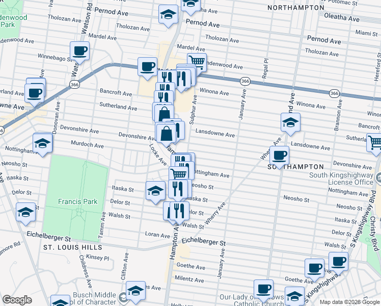 map of restaurants, bars, coffee shops, grocery stores, and more near in St. Louis