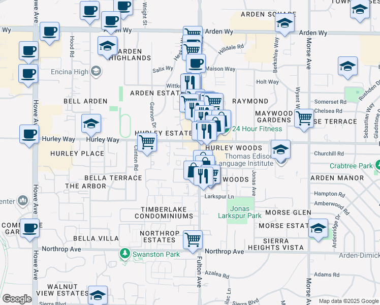 map of restaurants, bars, coffee shops, grocery stores, and more near 1251 Fulton Avenue in Sacramento