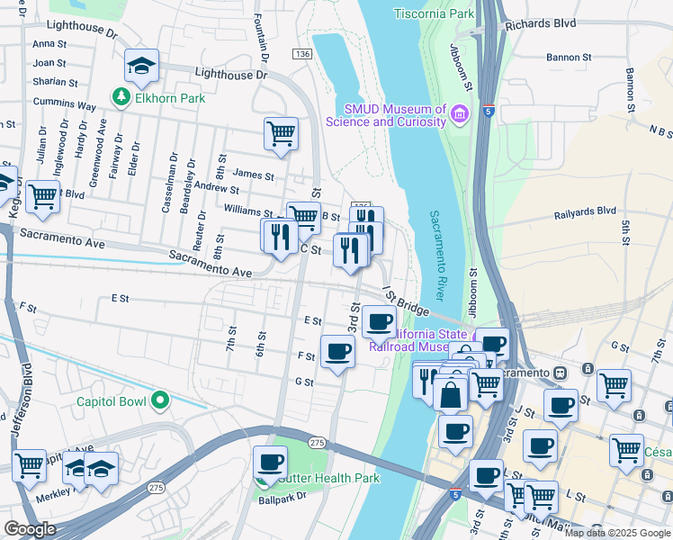 map of restaurants, bars, coffee shops, grocery stores, and more near 399 4th Street in West Sacramento