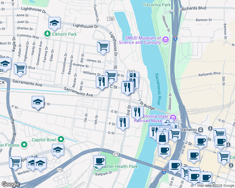 map of restaurants, bars, coffee shops, grocery stores, and more near 399 4th Street in West Sacramento