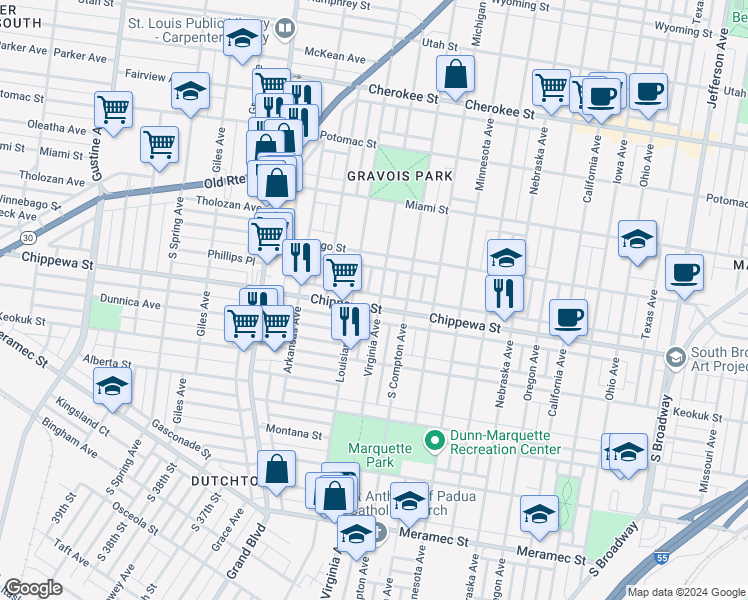 map of restaurants, bars, coffee shops, grocery stores, and more near 3308 Chippewa Street in St. Louis