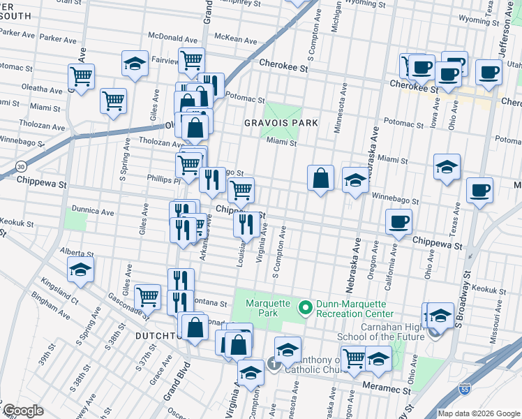 map of restaurants, bars, coffee shops, grocery stores, and more near 3308 Chippewa Street in St. Louis
