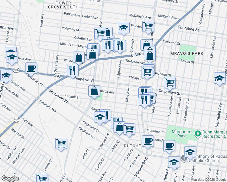 map of restaurants, bars, coffee shops, grocery stores, and more near 3754 Dunnica Avenue in St. Louis