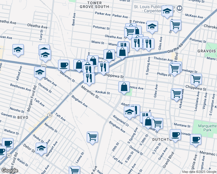 map of restaurants, bars, coffee shops, grocery stores, and more near 3939 Keokuk Street in St. Louis