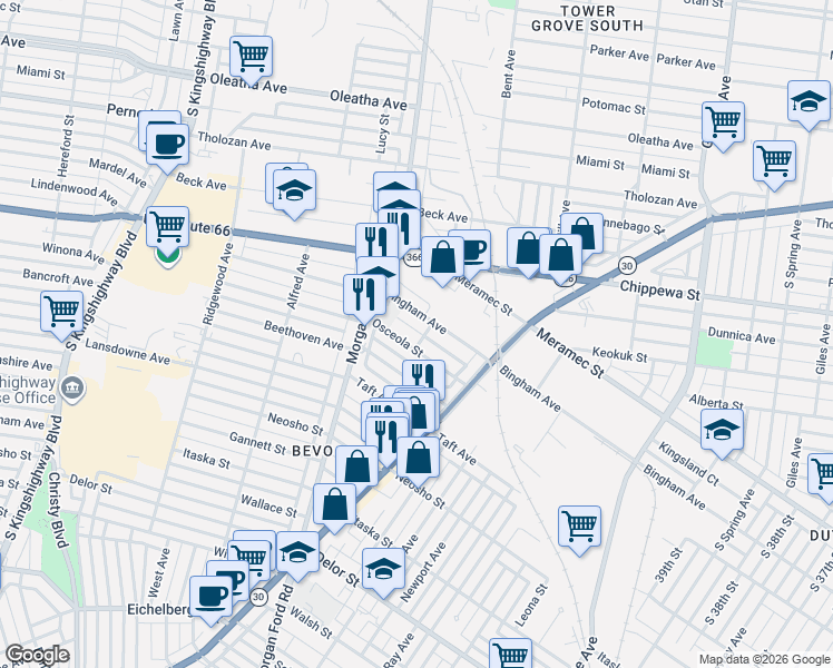 map of restaurants, bars, coffee shops, grocery stores, and more near 4161 Osceola Street in St. Louis