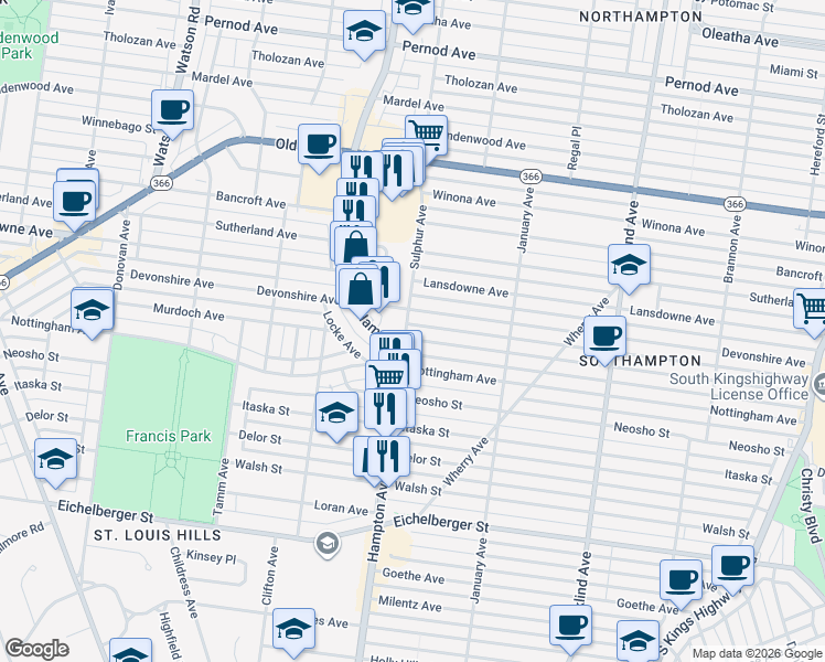 map of restaurants, bars, coffee shops, grocery stores, and more near in St. Louis
