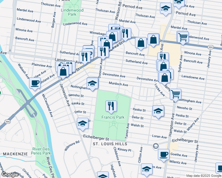 map of restaurants, bars, coffee shops, grocery stores, and more near 6417 Nottingham Avenue in St. Louis