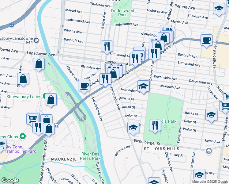 map of restaurants, bars, coffee shops, grocery stores, and more near in St. Louis