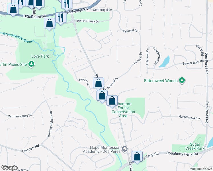 map of restaurants, bars, coffee shops, grocery stores, and more near 2450 Fairoyal Drive in Des Peres