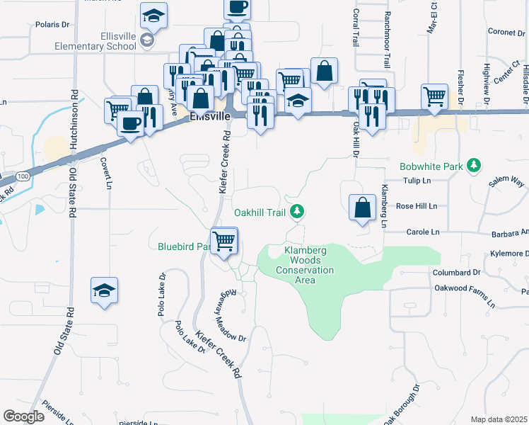 map of restaurants, bars, coffee shops, grocery stores, and more near 262 Carmel Woods Drive in Ellisville