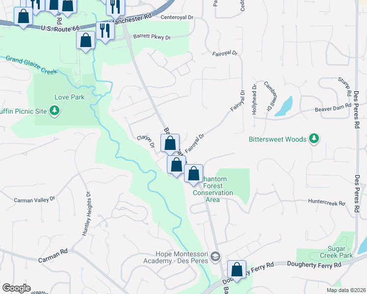 map of restaurants, bars, coffee shops, grocery stores, and more near 2450 Fairoyal Drive in Des Peres