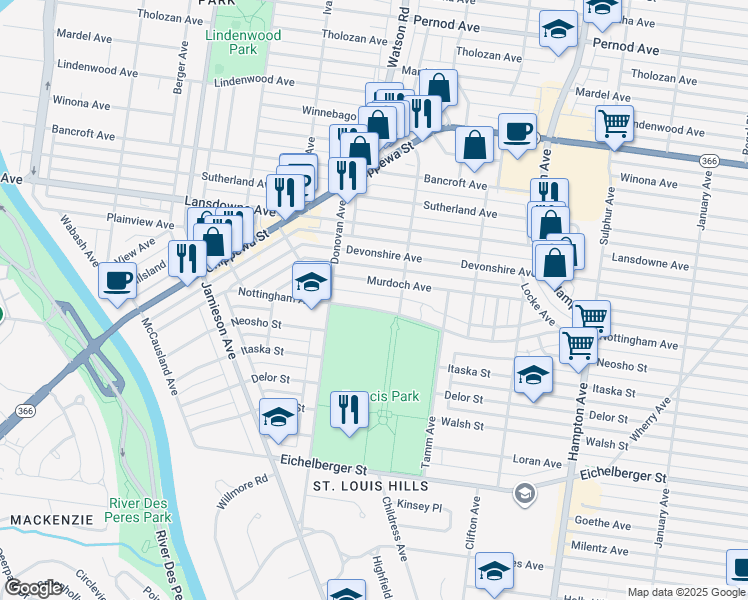 map of restaurants, bars, coffee shops, grocery stores, and more near 6431 Nottingham Avenue in St. Louis