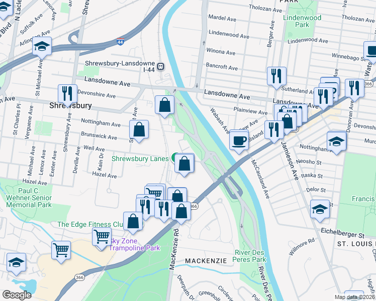 map of restaurants, bars, coffee shops, grocery stores, and more near 7005 Weil Avenue in St. Louis