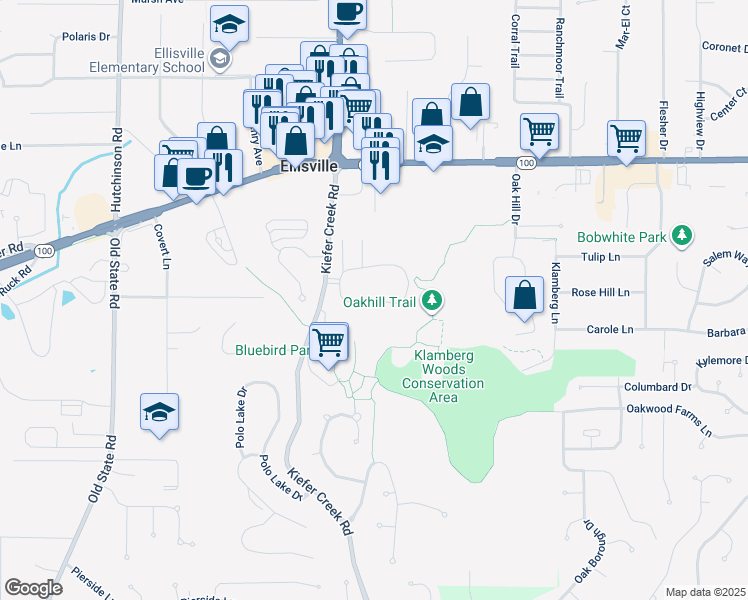 map of restaurants, bars, coffee shops, grocery stores, and more near 249 Carmel Woods Drive in Ellisville