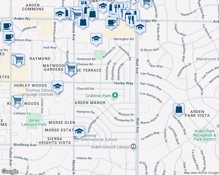 map of restaurants, bars, coffee shops, grocery stores, and more near 3244 Churchill Road in Sacramento