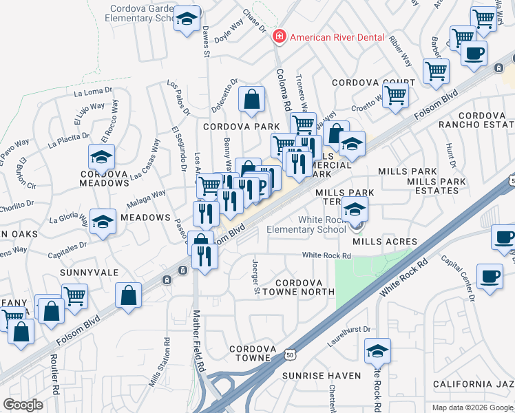 map of restaurants, bars, coffee shops, grocery stores, and more near 10345 Folsom Boulevard in Rancho Cordova