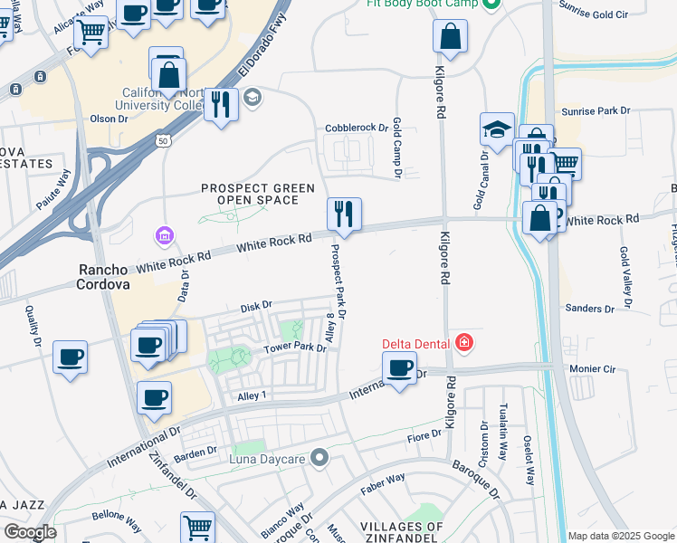 map of restaurants, bars, coffee shops, grocery stores, and more near Prospect Park Drive in Rancho Cordova
