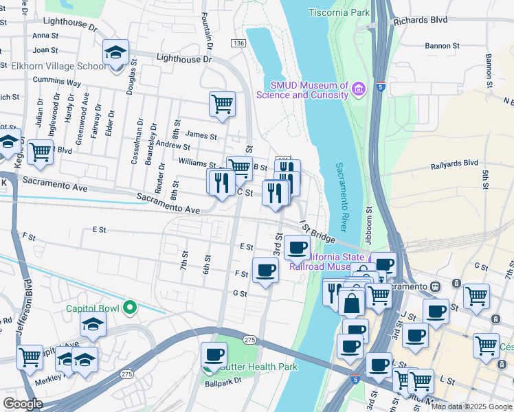map of restaurants, bars, coffee shops, grocery stores, and more near 399 4th Street in West Sacramento